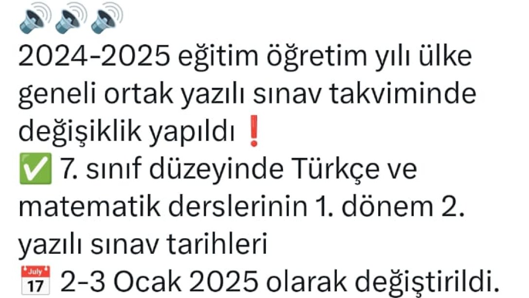 Ülke Geneli 7. Sınıf Düzeyinde Türkçe ve Matematik Dersleri 1. Dönem 2. Ortak Sınav Tarihleri Güncellendi