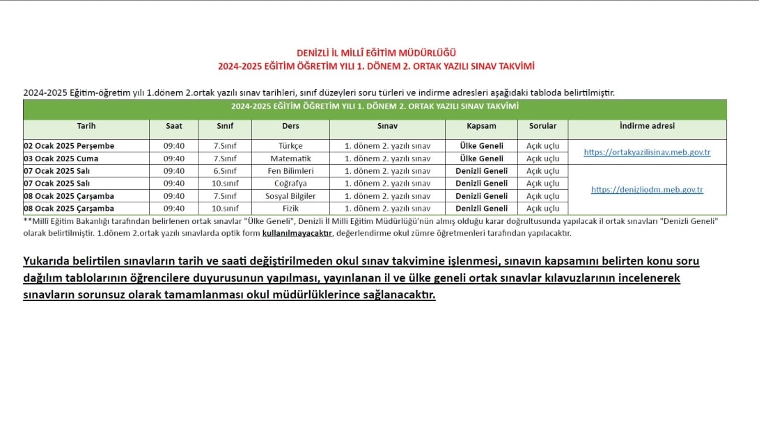 ORTAK SINAV TAKVİMİ